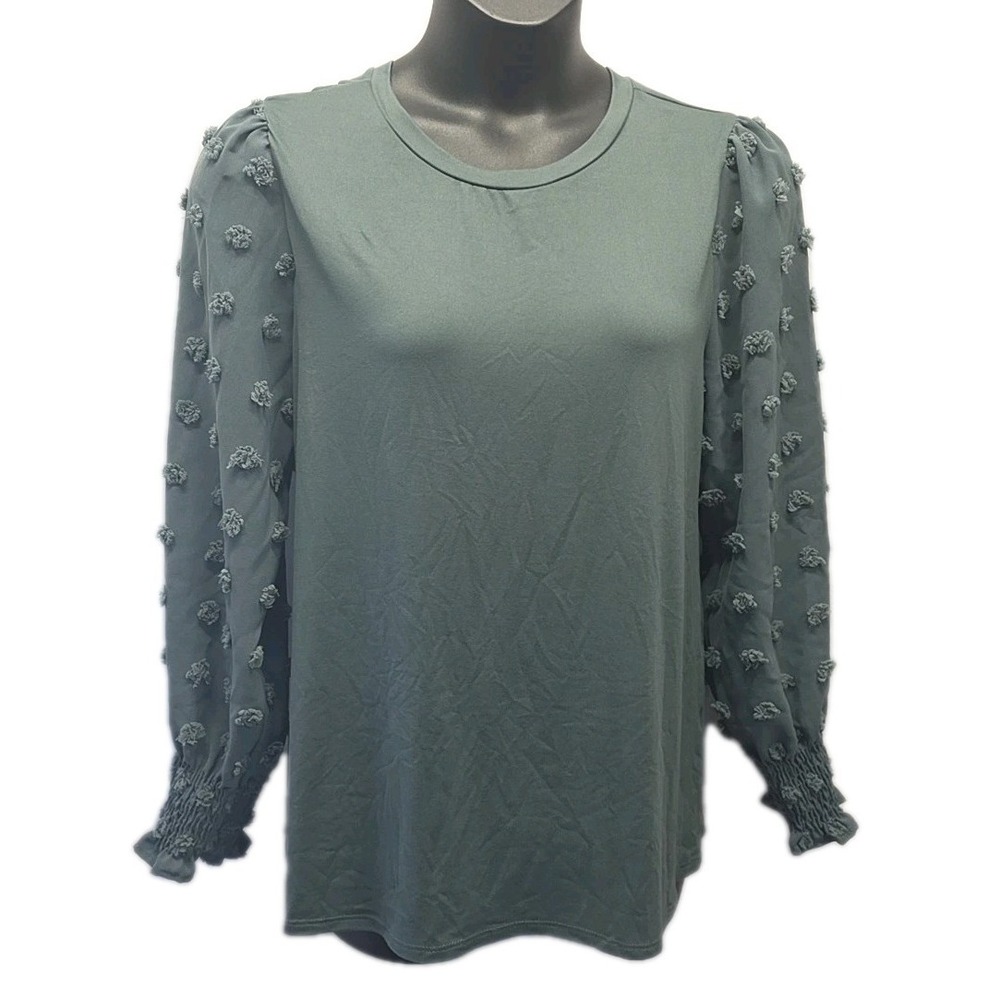 Betsey's Boutique Shop Top Womens XL Green Swiss Dot Long Balloon Sleeve